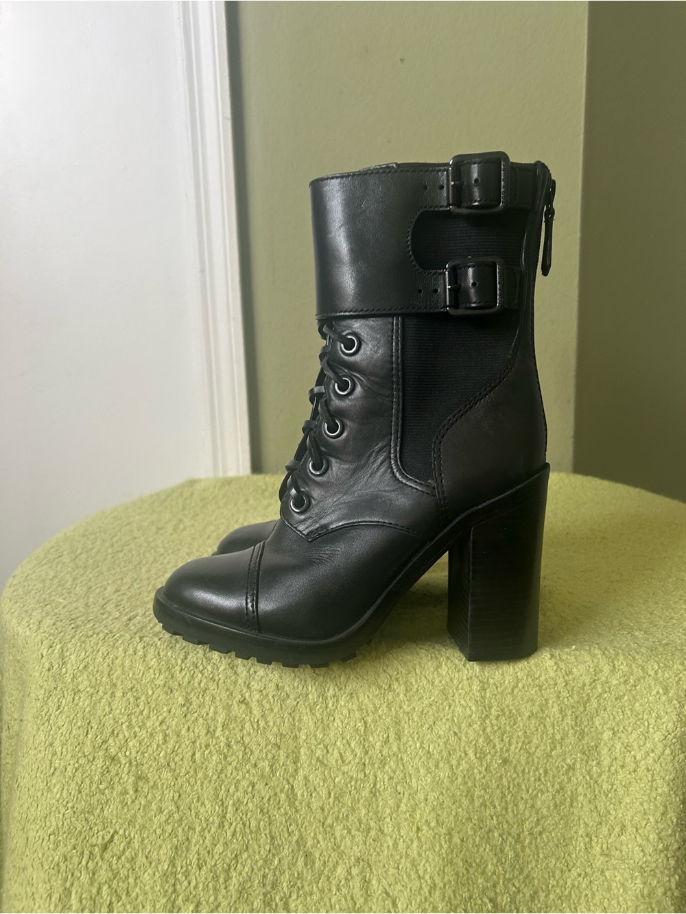 Tory Burch Black Leather Lace-Up Block Heel Ankle Boots